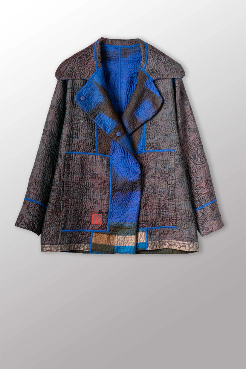 Mieko Mintz- VINTAGE JACQUARD CLAMP DYE WITH PRINTED SILK KANTHA PEA COAT