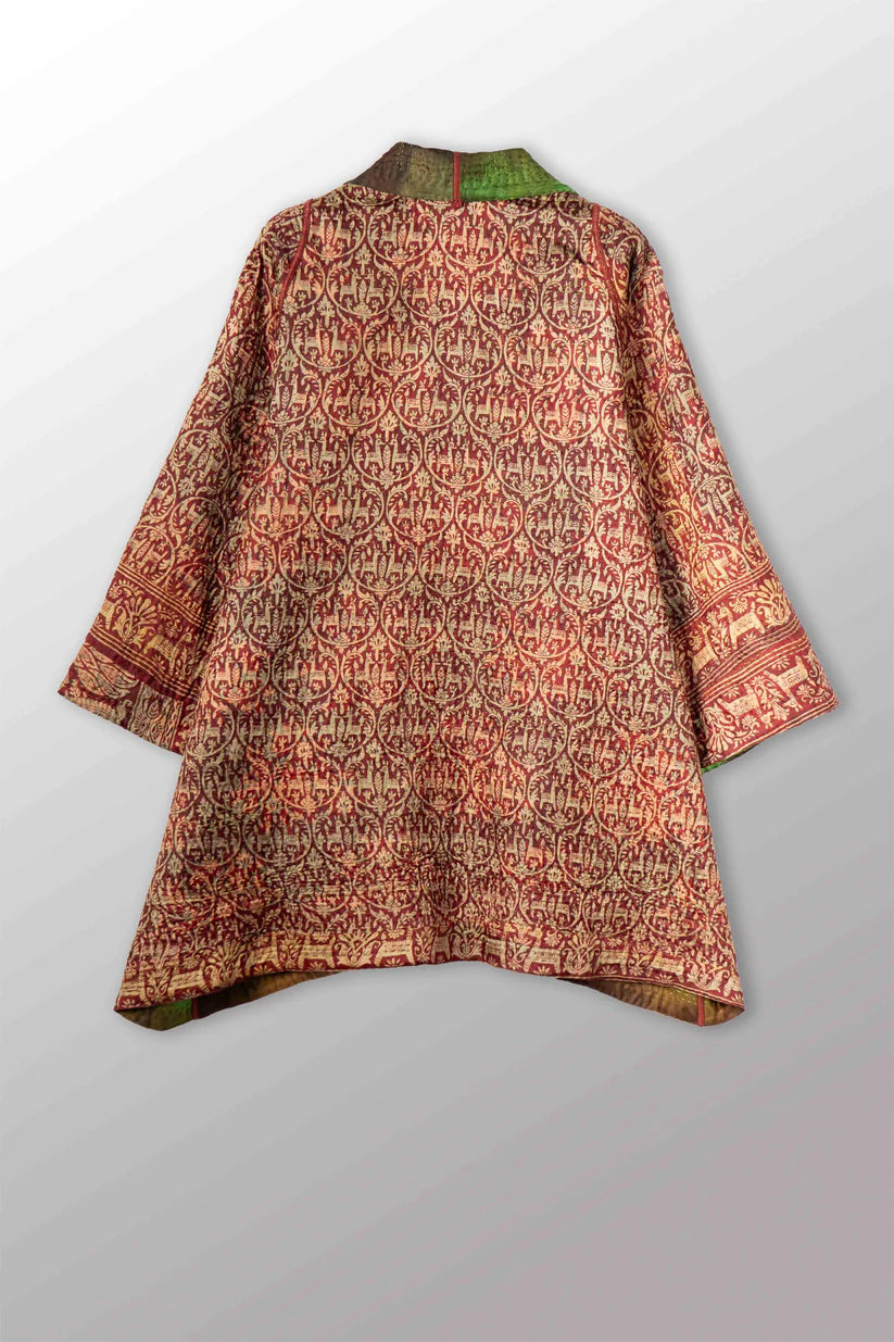 Mieko Mintz- VINTAGE JACQUARD CLAMP DYE WITH PRINTED SILK KANTHA A-LINE JACKET