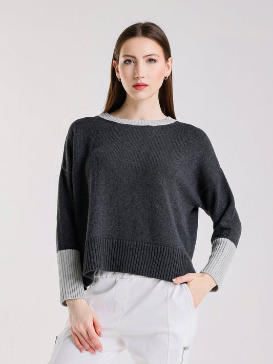 TINA Stephens- Lisbeth Contrast Neck Hi/Low Sweater