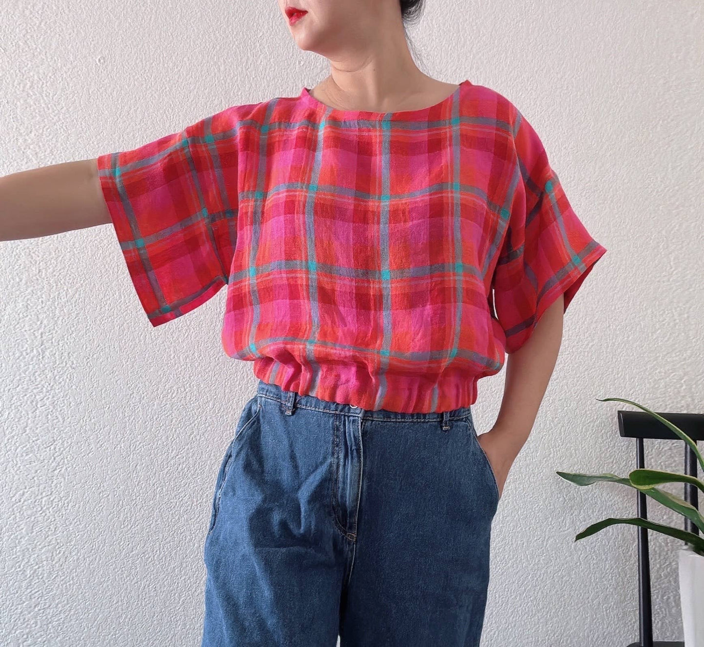 Joolee - Pink Check Linen Top