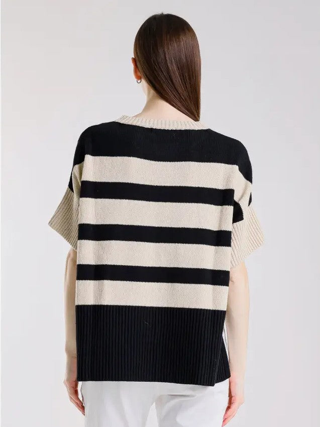 TINA Stephens - Mare Striped High/Low Sweater/Black/Beige