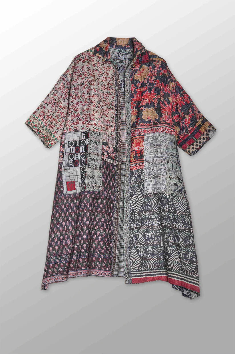 Mieko Mintz- VINTAGE SILK KANTHA 3/4 SLV. SHIRT DRESS