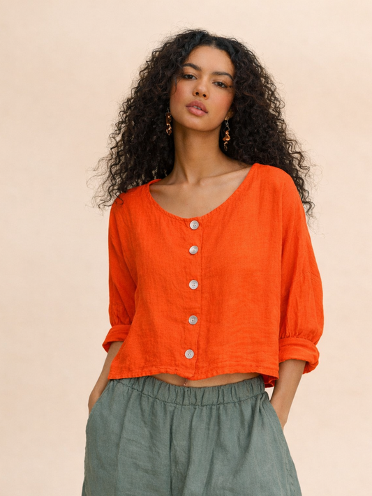 Made in Italy- Crop Linen Cardigan/ Orange