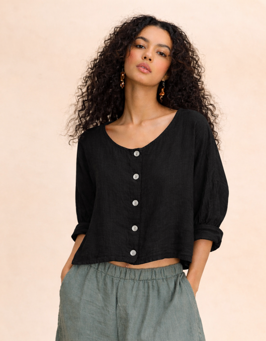Made in Italy- Crop Linen Cardigan/ Black