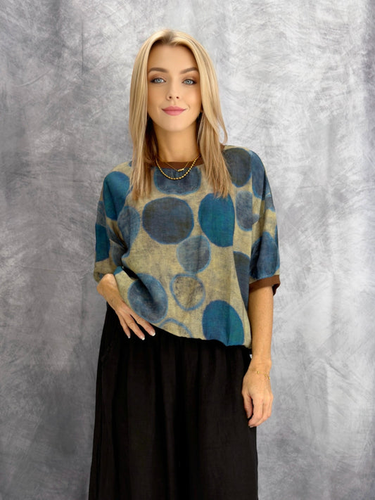 Mia Collection- Blue Circles Linen Knit-Trim Top