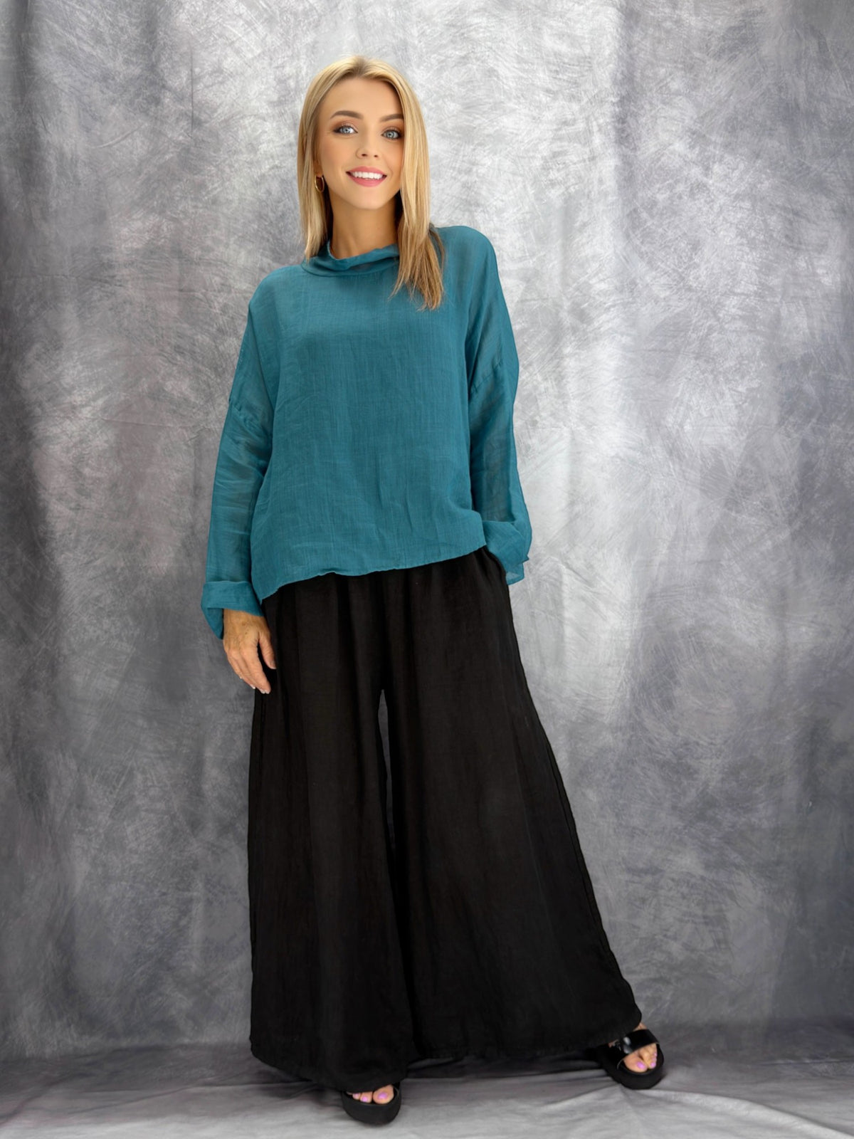 Earth & Loom- Linen Cowl Neck Top/ Teal