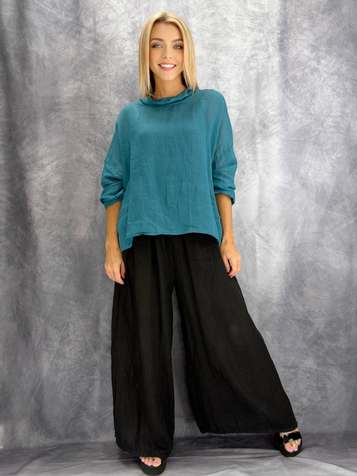 Earth & Loom- Linen Cowl Neck Top/ Teal