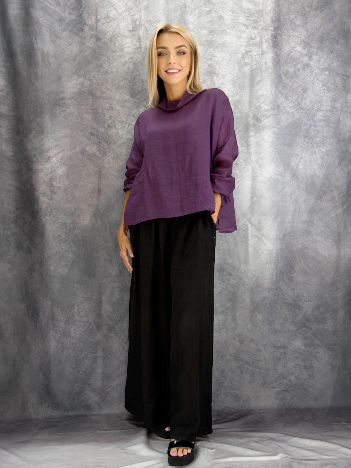Earth & Loom- Linen Cowl Neck Top/ Purple