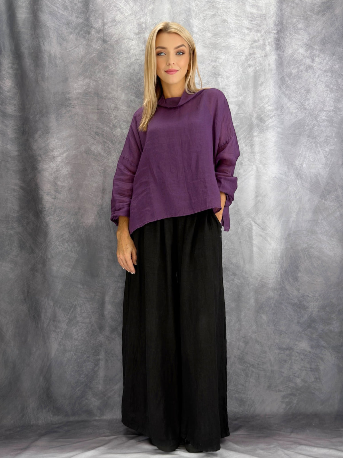 Earth & Loom- Linen Cowl Neck Top/ Purple