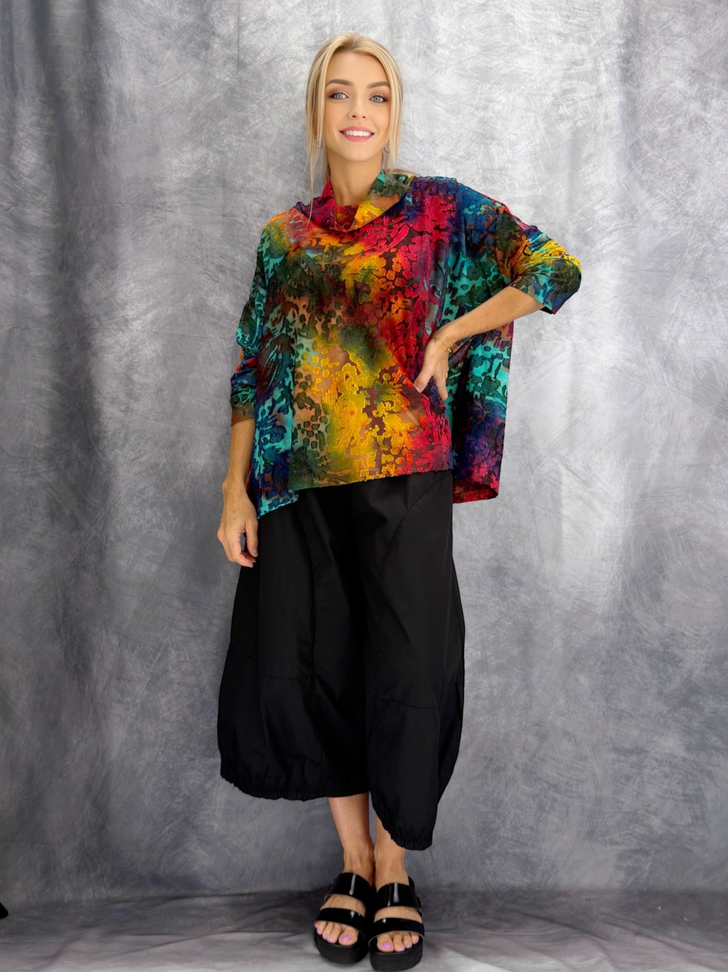 Belle Blue- Bold Abstract Cowl Neck Top