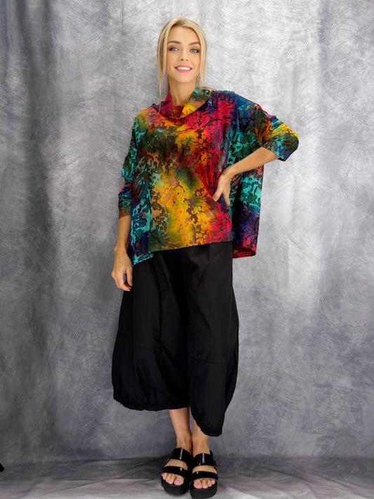 Belle Blue- Bold Abstract Cowl Neck Top