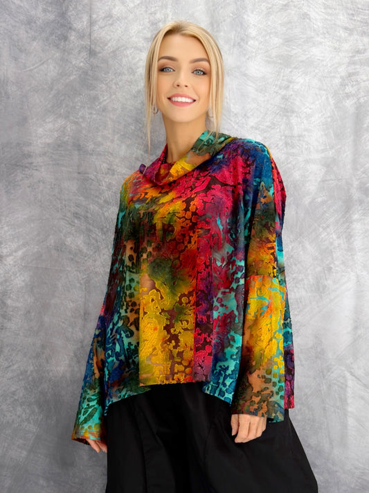 Belle Blue- Bold Abstract Cowl Neck Top