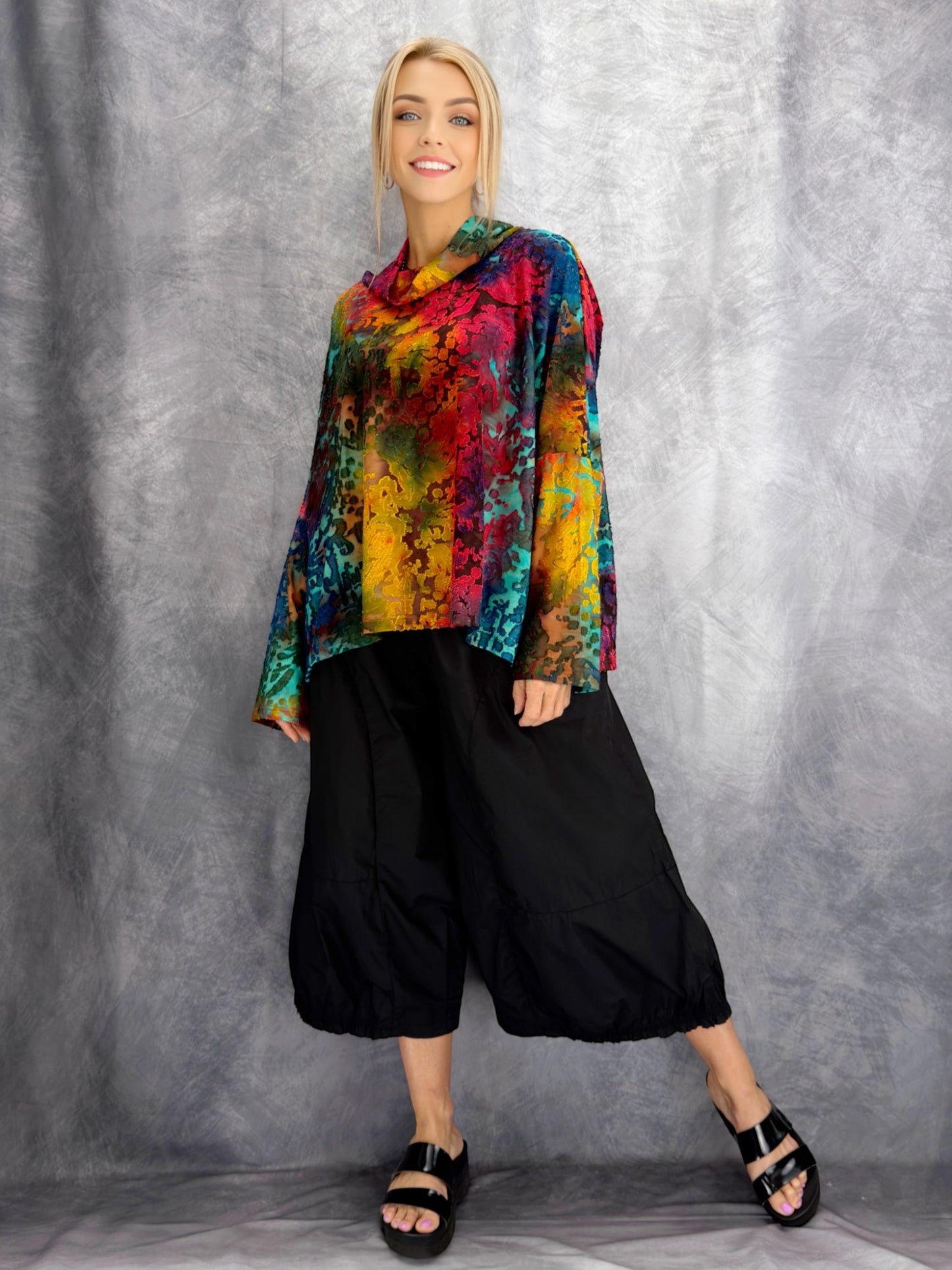 Belle Blue- Bold Abstract Cowl Neck Top