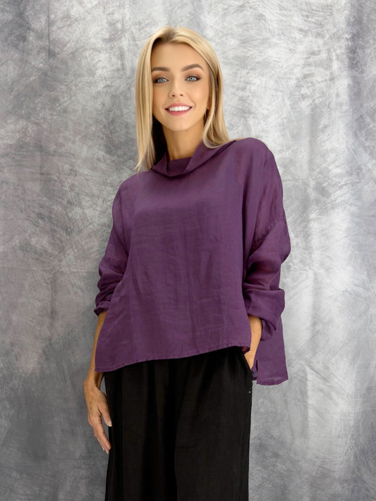 Earth & Loom- Linen Cowl Neck Top/ Purple