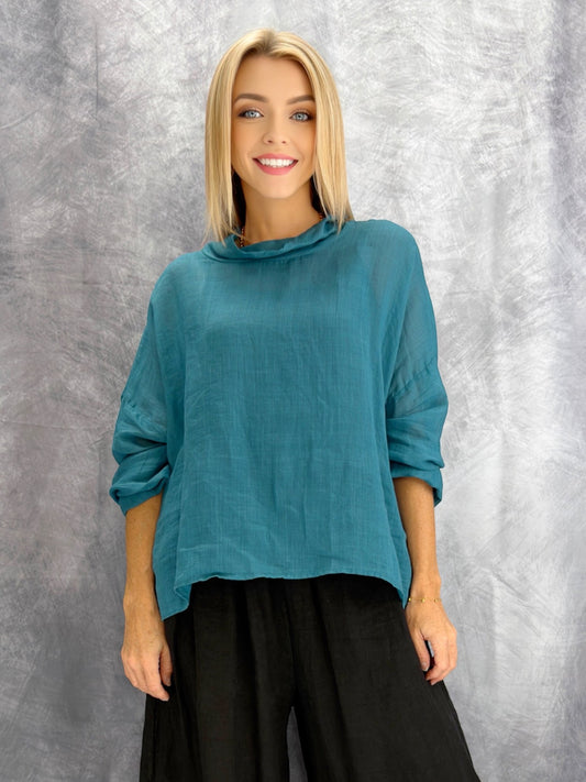 Earth & Loom- Linen Cowl Neck Top/ Teal