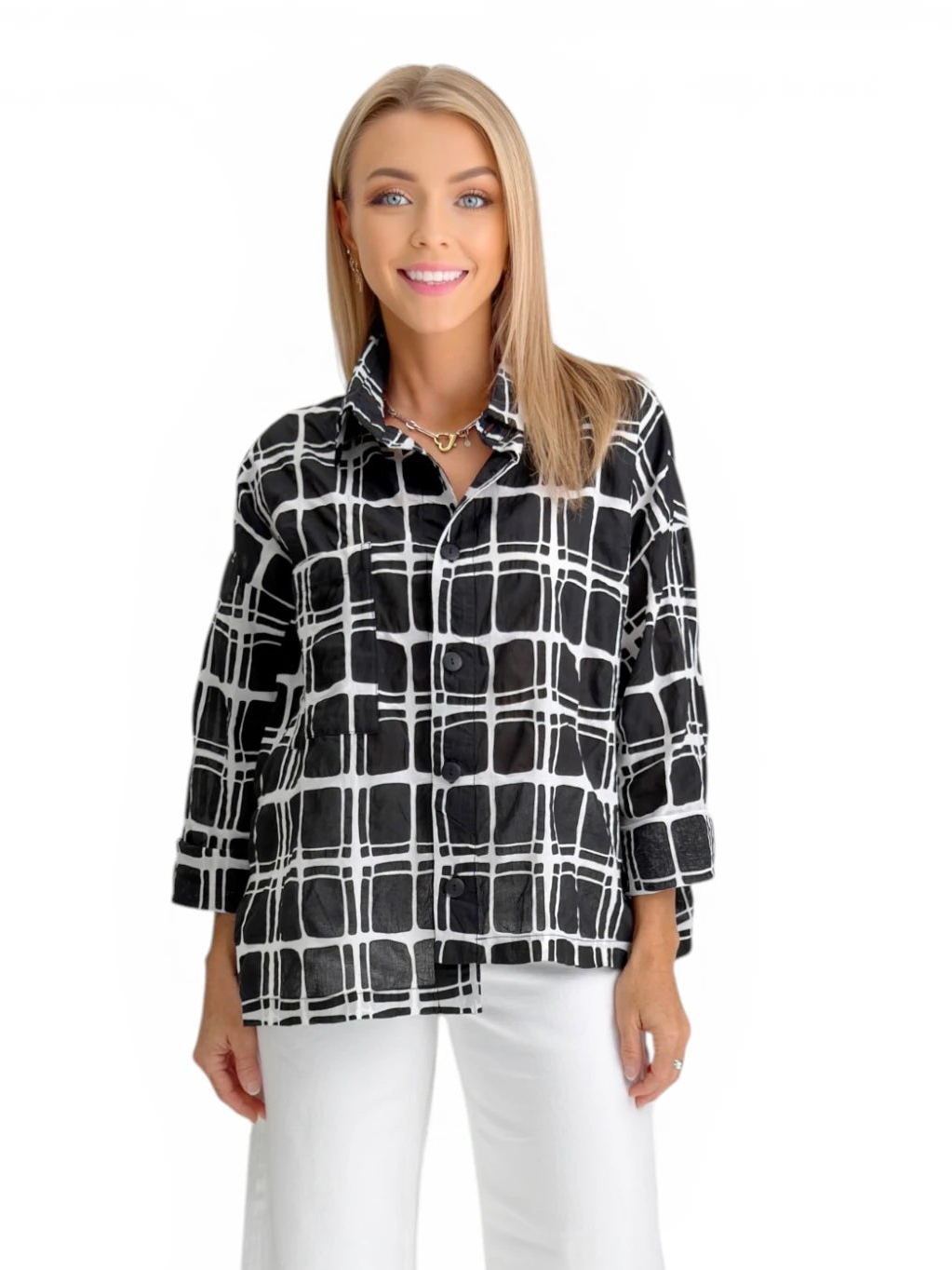 Dress to Kill- Hi-Lo Shirt- White/Black Square Crinkle