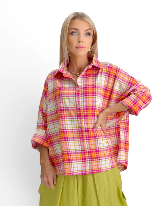 Dress to Kill- Cross Back Cappy Shirt- Orange/Pink