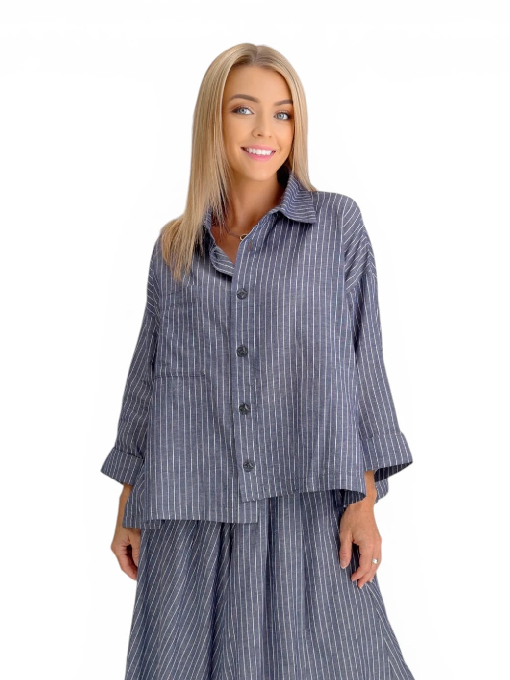Dress to Kill- Hi-Lo Shirt- Blue/ White Pin stripe