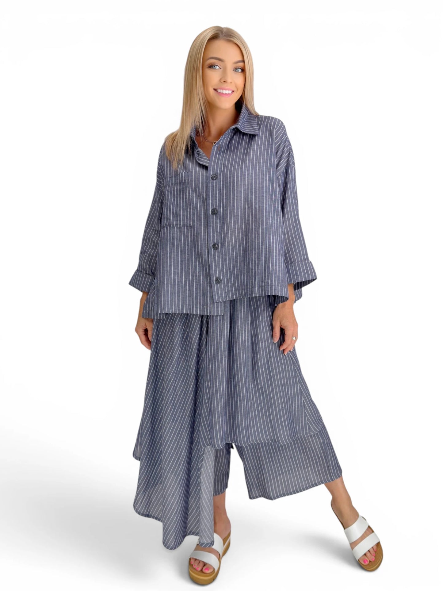 Dress to Kill- Hi-Lo Shirt- Blue/ White Pin stripe