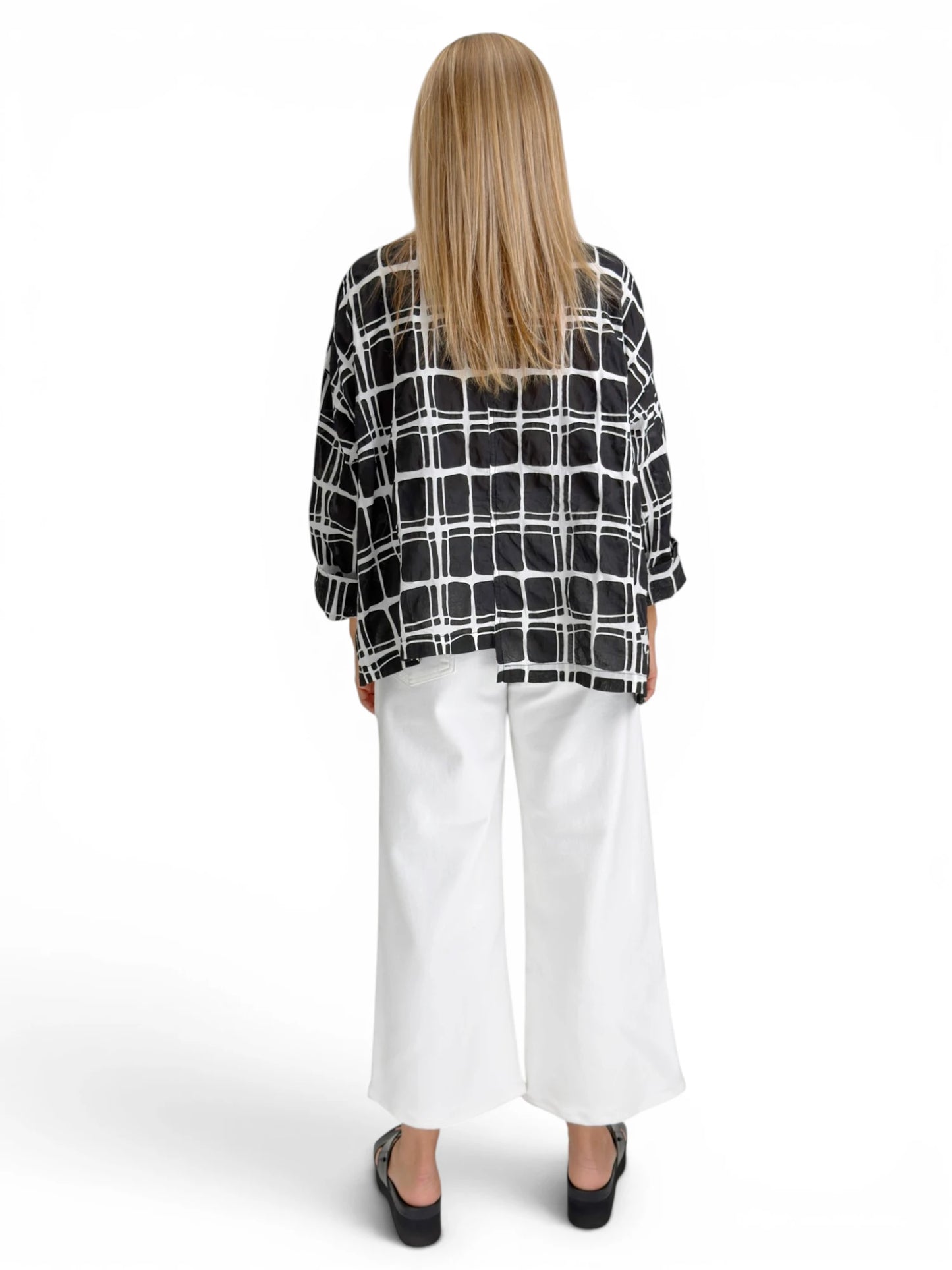 Dress to Kill- Hi-Lo Shirt- White/Black Square Crinkle
