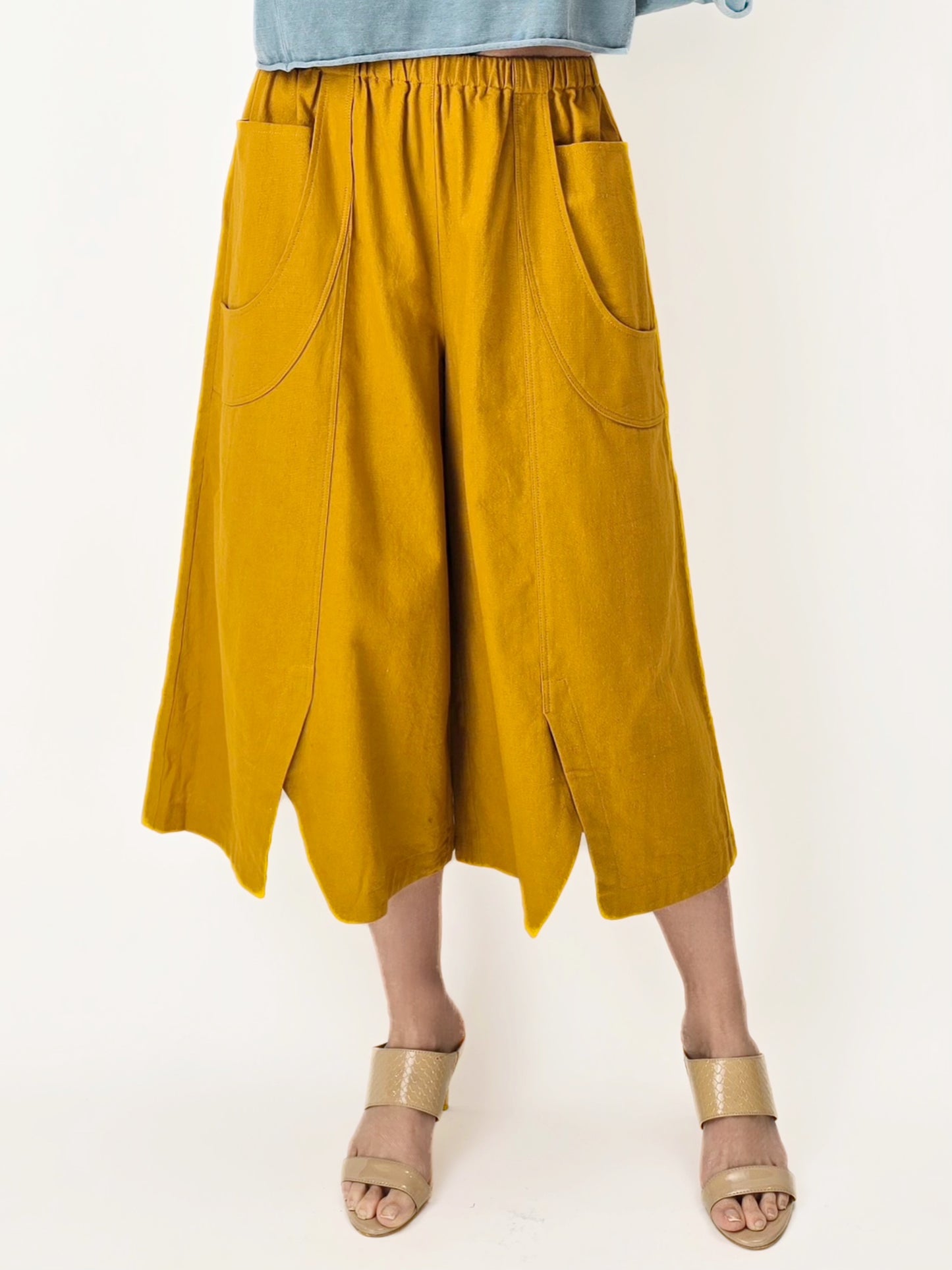 Raksa- Cotton Pants with Hemline Slits/ Ochre