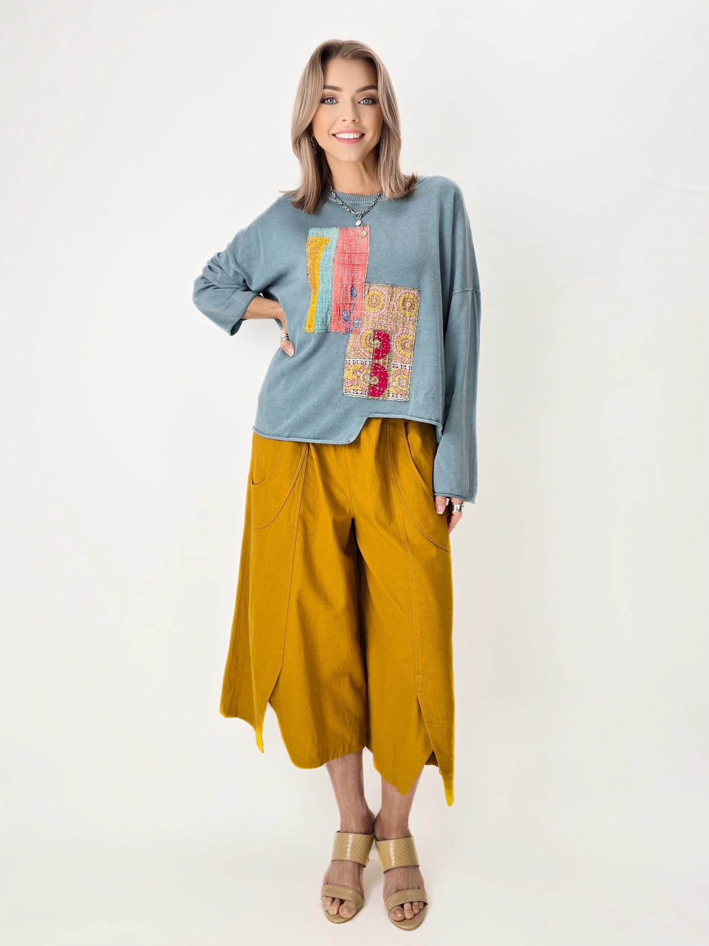 Raksa- Cotton Pants with Hemline Slits/ Ochre