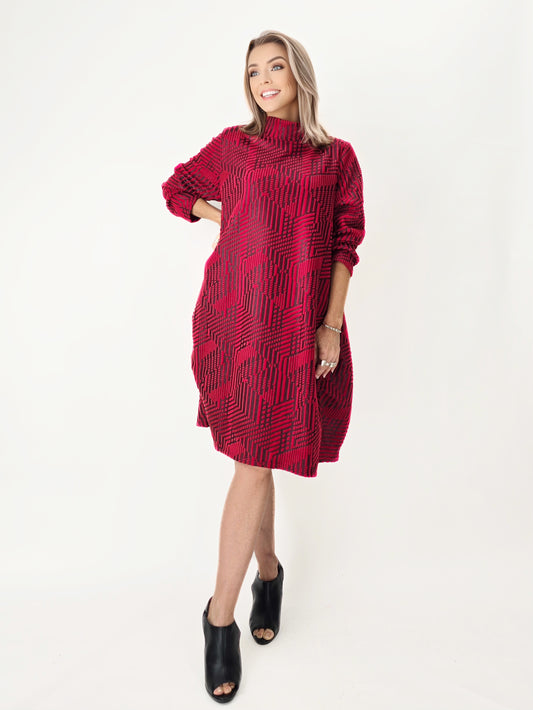 Raksa- Geo-Textured Mock Neck Tunic Dress – Red