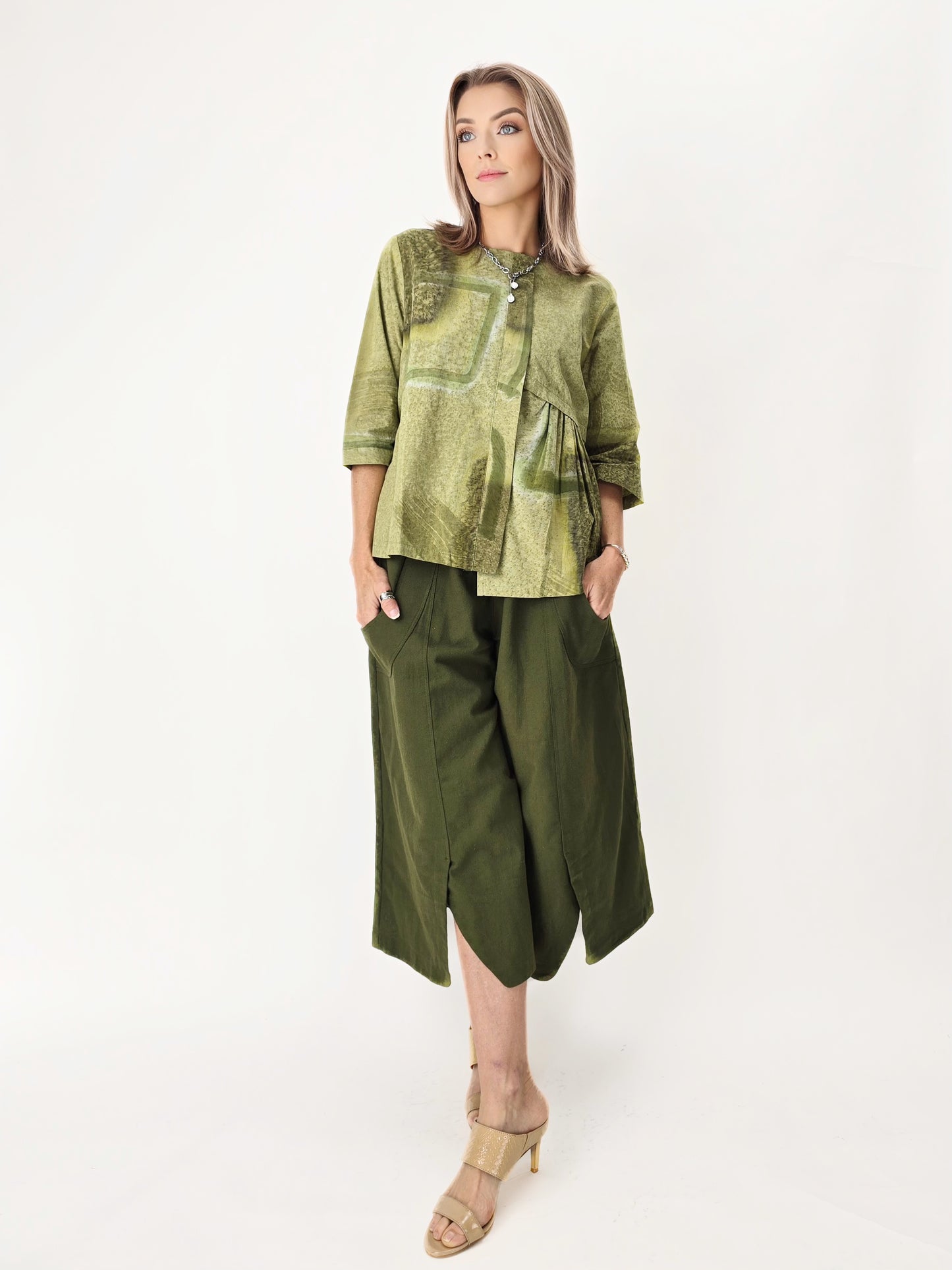 Raksa- Cotton Pants with Hemline Slits/ Olive