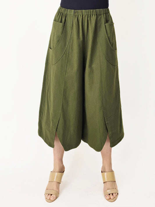 Raksa- Cotton Pants with Hemline Slits/ Olive