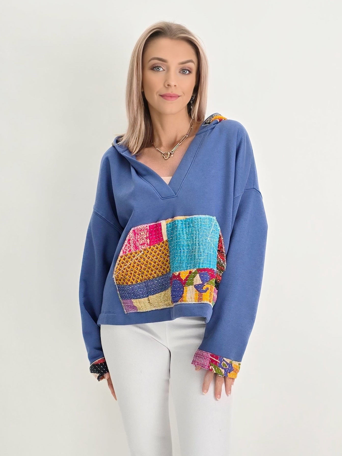 Narenee Designs- V-Neck Hoodie with Kantha Patchwork
