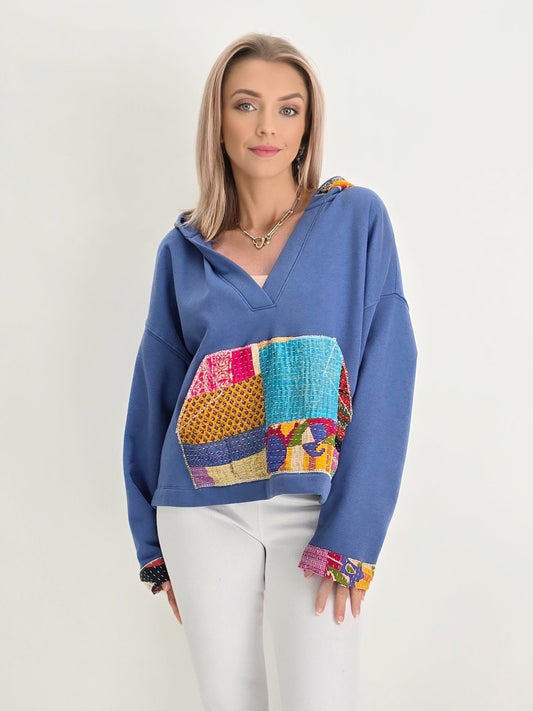 Narenee Designs- V-Neck Hoodie with Kantha Patchwork