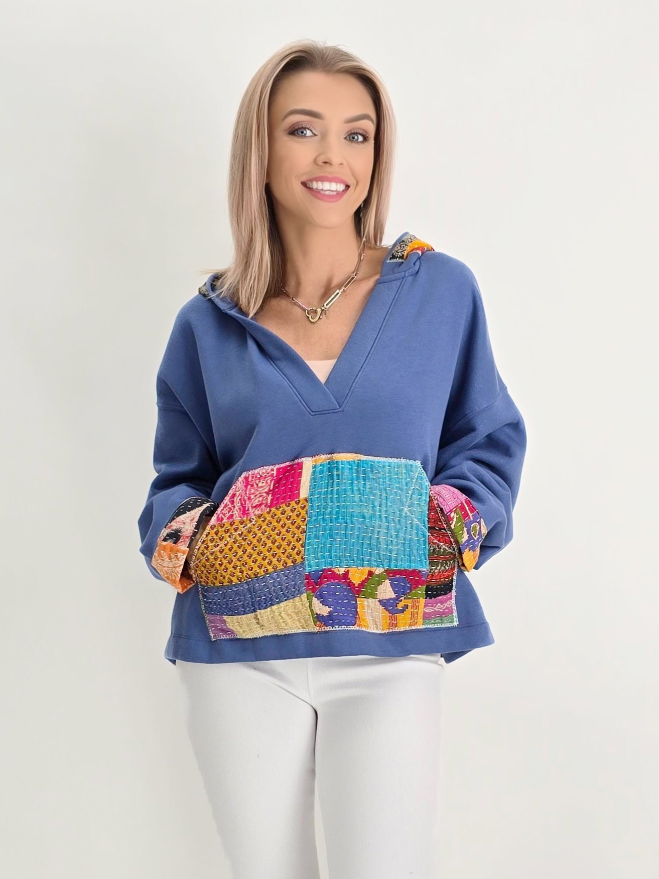 Narenee Designs- V-Neck Hoodie with Kantha Patchwork