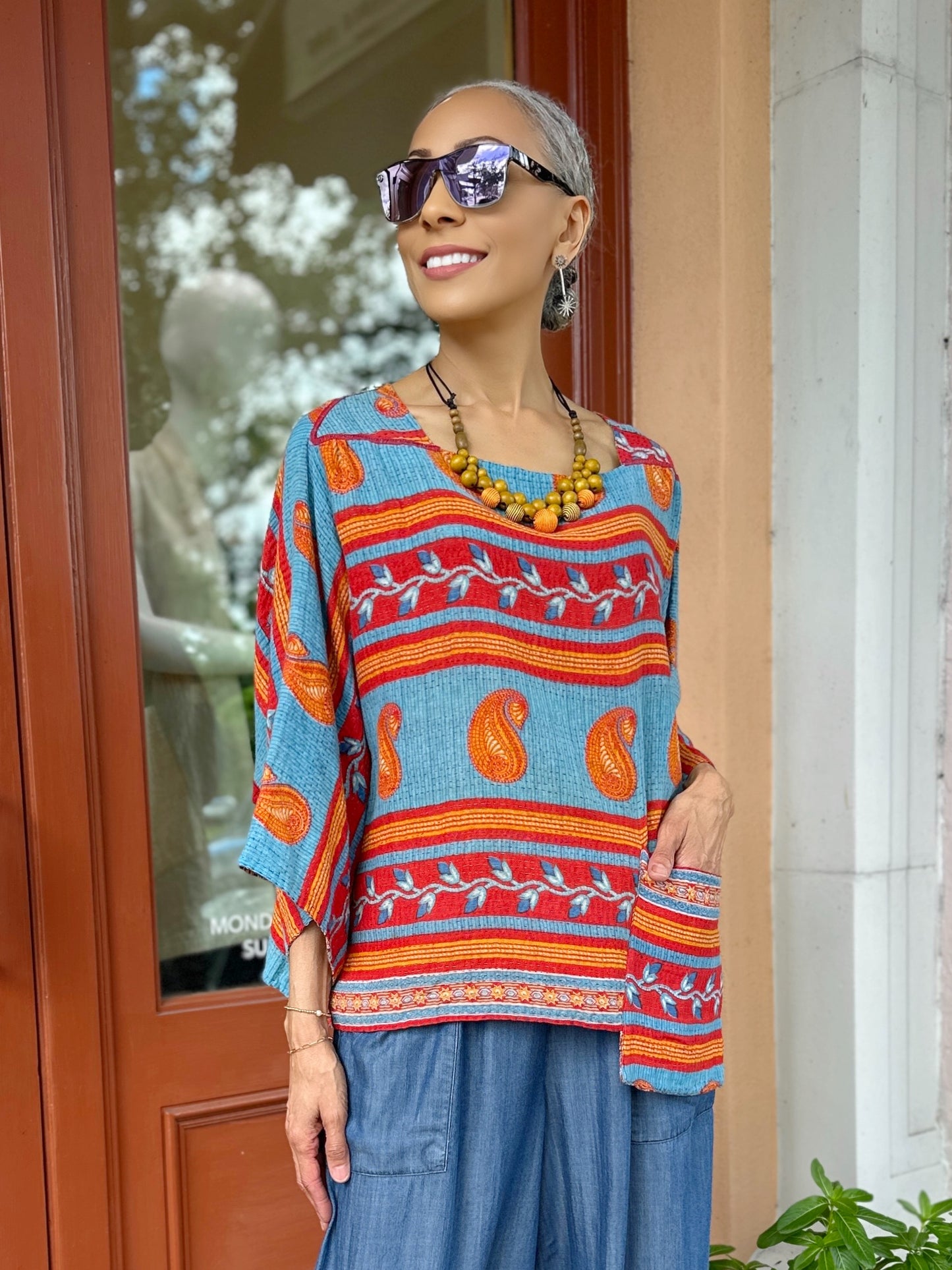 Mieko Mintz- Vintage Cotton Kantha 3/4 SLV. Crop Top Mio