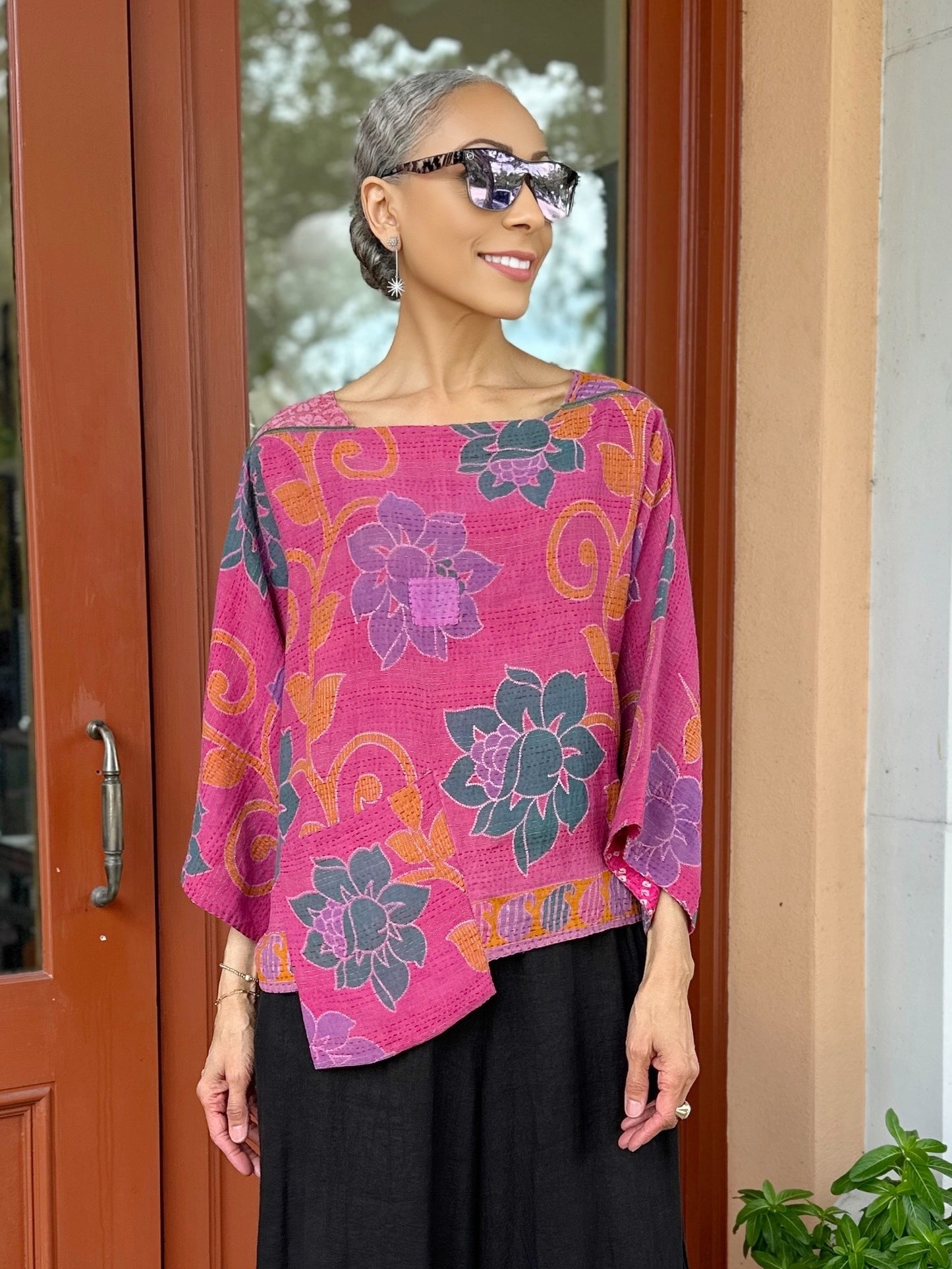 Mieko Mintz- Vintage Cotton Kantha 3/4 SLV. Crop Top Mio