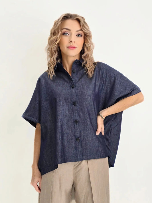 Dress to Kill- Cross Back Cappy Shirt- Denim