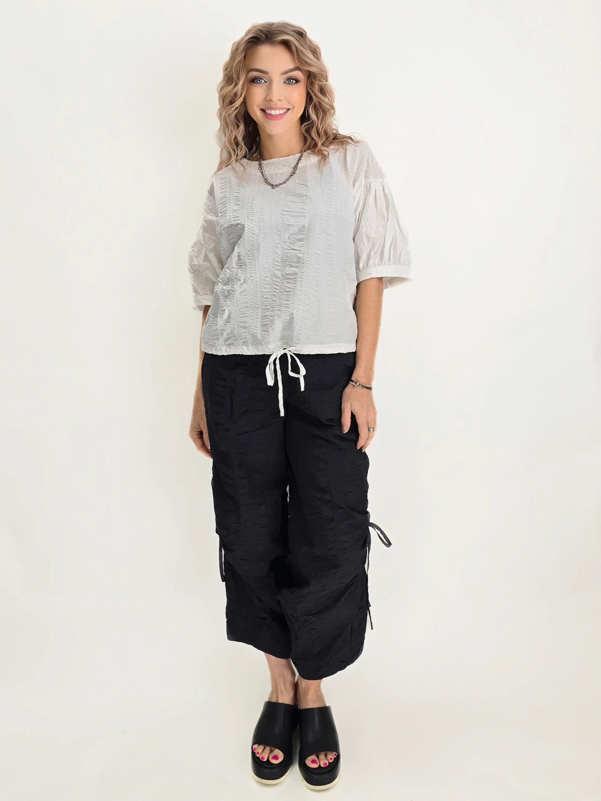 Noen- Crinkle Tie Blouse/ White