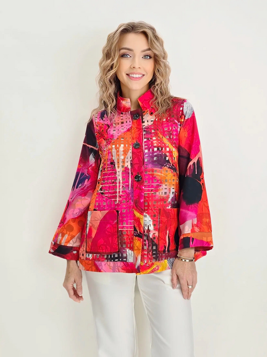 Lemon Grass- Stand Collar Reversible Jacket/ Rose