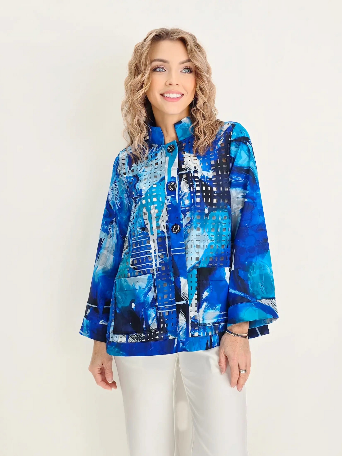 Lemon Grass- Stand Collar Reversible Jacket/ Blue