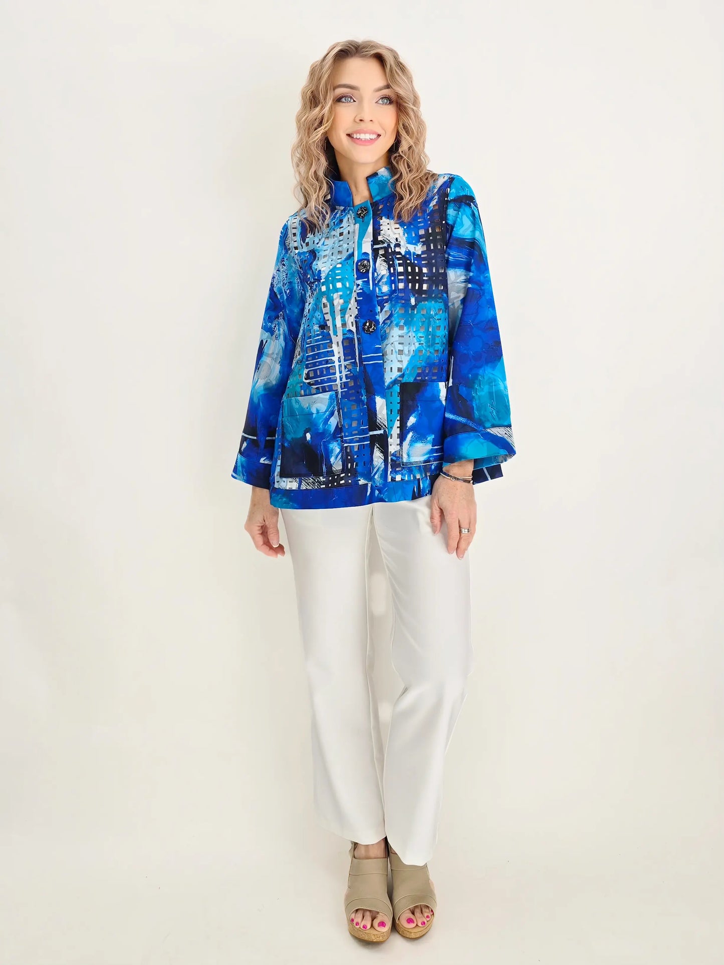 Lemon Grass- Stand Collar Reversible Jacket/ Blue