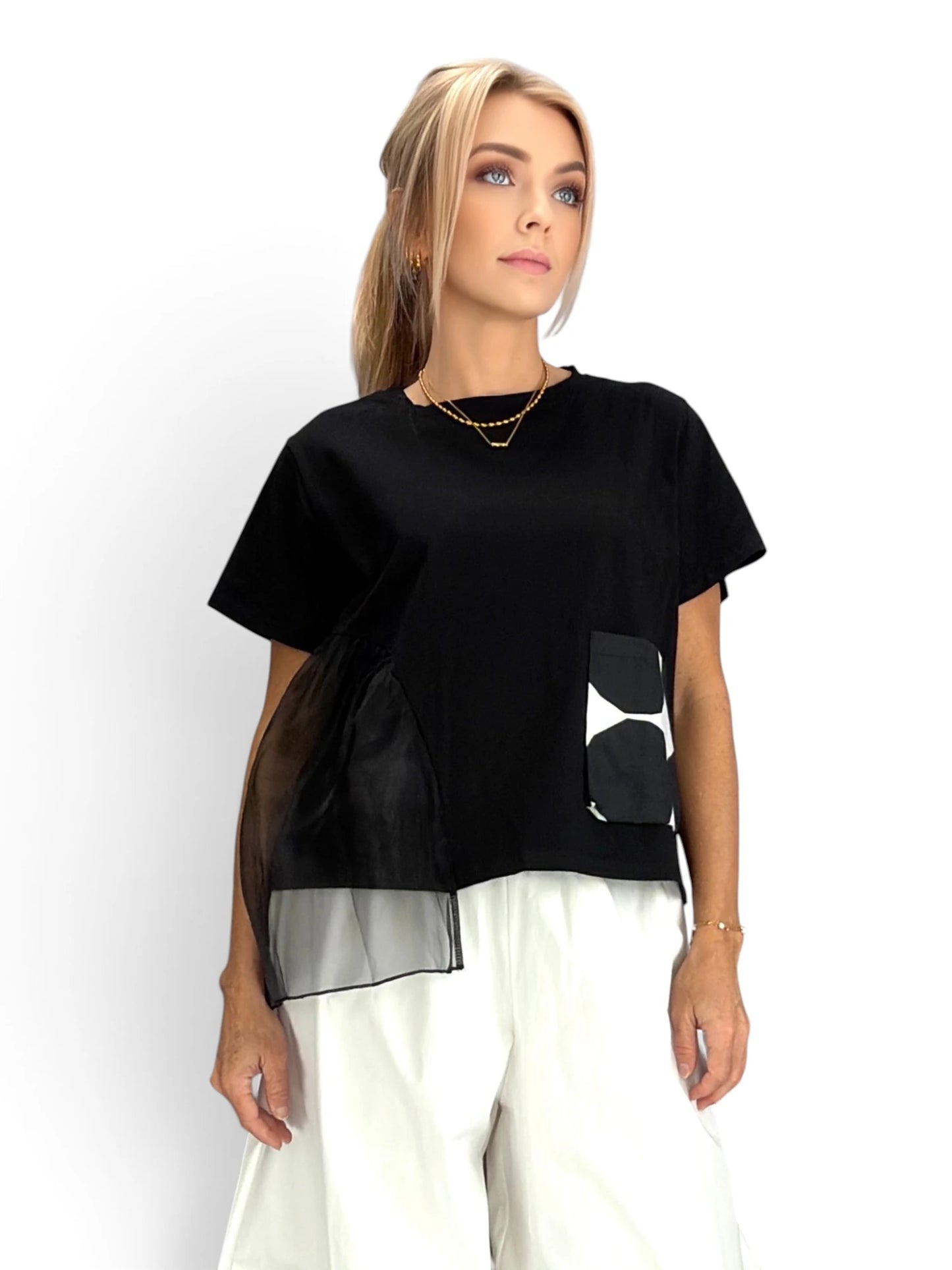Mia Collection- Mixed Media Pocket Top
