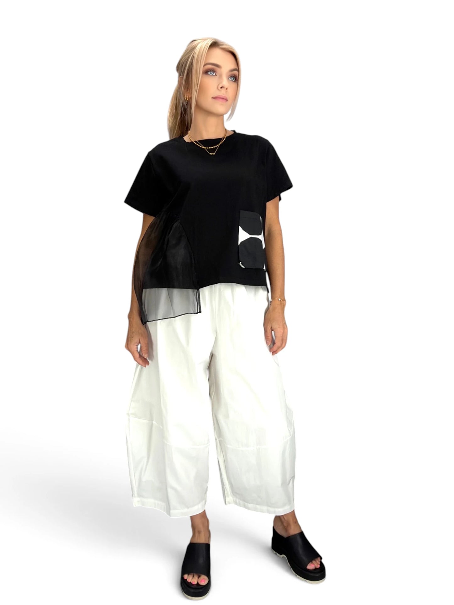Mia Collection- Mixed Media Pocket Top