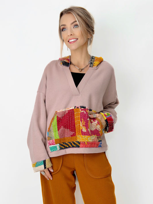 Narenee Designs- V-Neck Hoodie with Kantha Patchwork