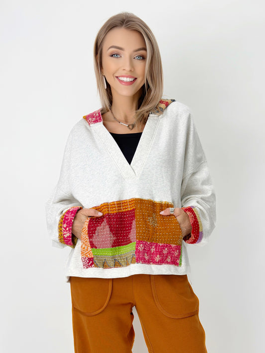 Narenee Designs- V-Neck Hoodie with Kantha Patchwork