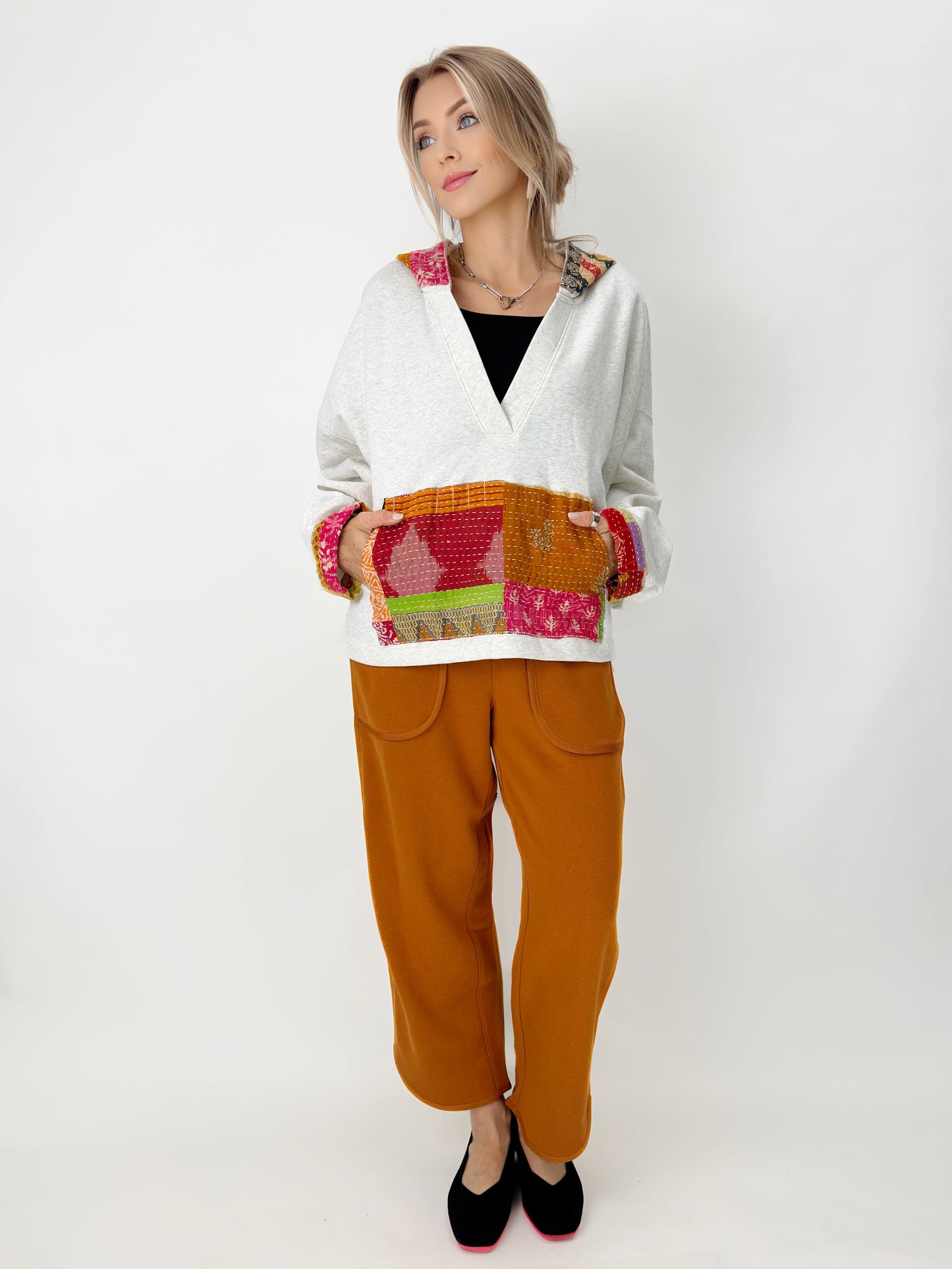 Narenee Designs- V-Neck Hoodie with Kantha Patchwork