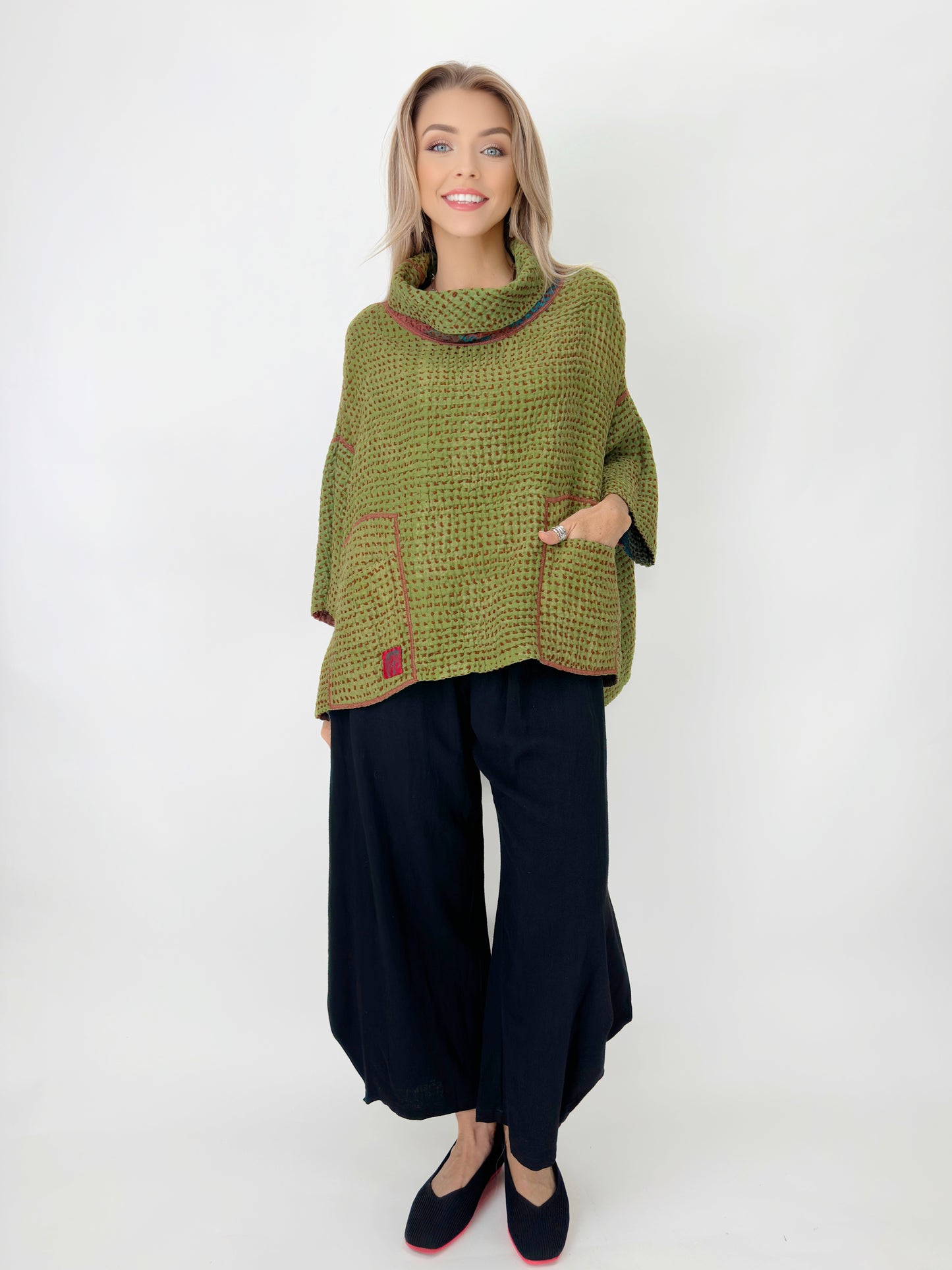 Mieko Mintz- Abstract Waffle Kantha Cowl Neck Poncho