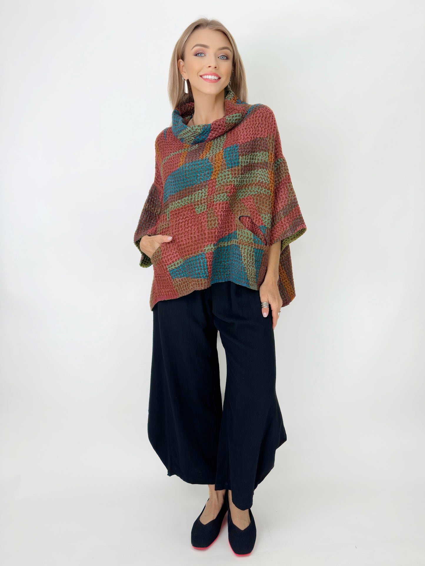 Mieko Mintz- Abstract Waffle Kantha Cowl Neck Poncho