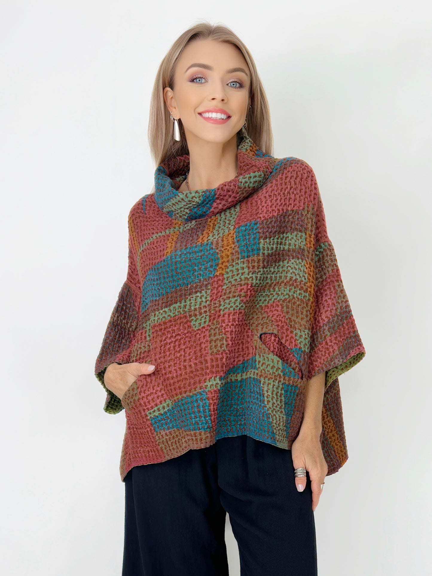 Mieko Mintz- Abstract Waffle Kantha Cowl Neck Poncho