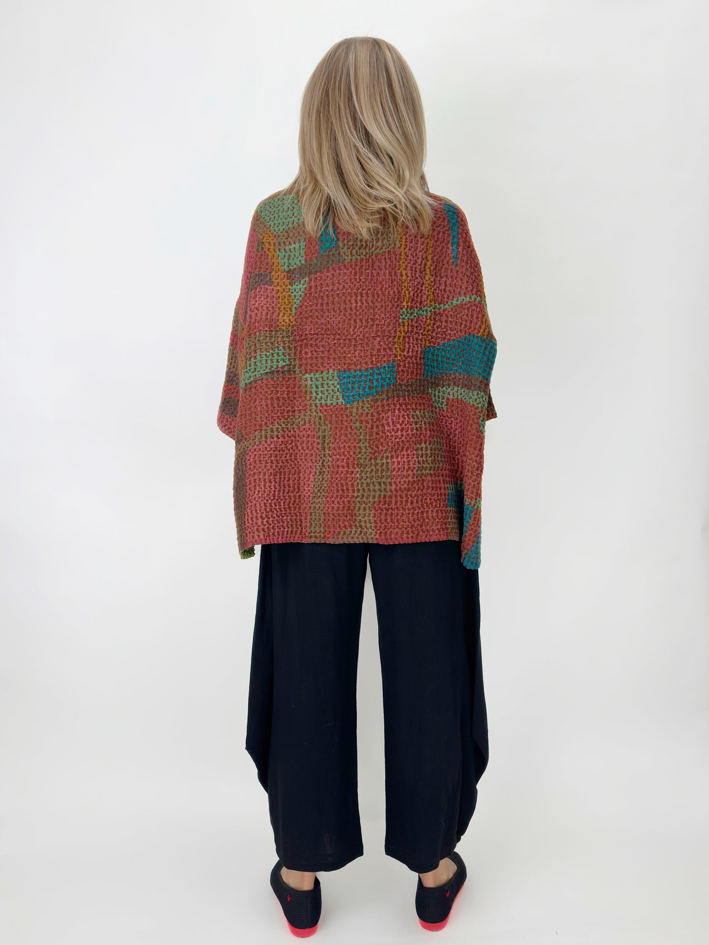 Mieko Mintz- Abstract Waffle Kantha Cowl Neck Poncho