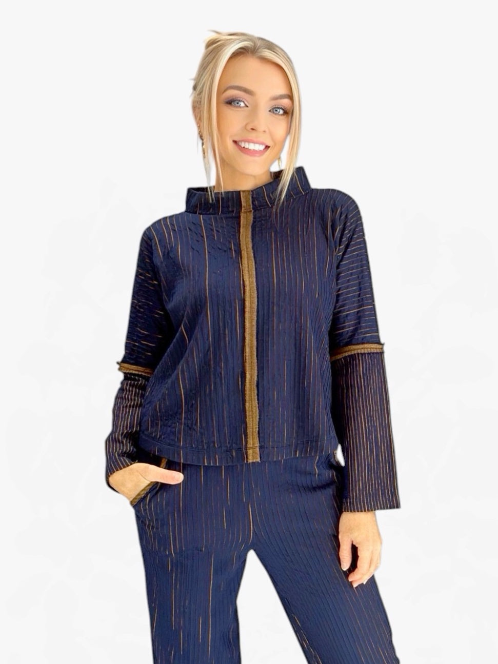 O Zai N Ku- Textured Pinstripe Knit Top