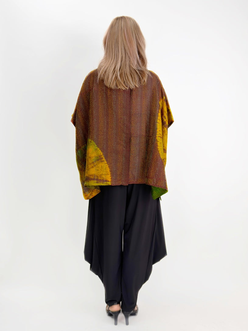 Mieko Mintz- Jacquard Silk Patch Tie Dye Circle Shibori Kantha Poncho Top